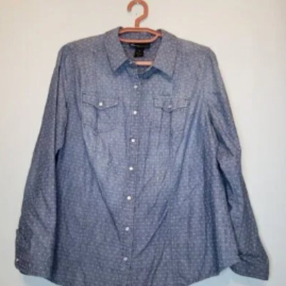 Lane Bryant Womens 16 Pearl Snap Shirt Chambray Print Denim Blue 100% Cotton - Picture 1 of 5